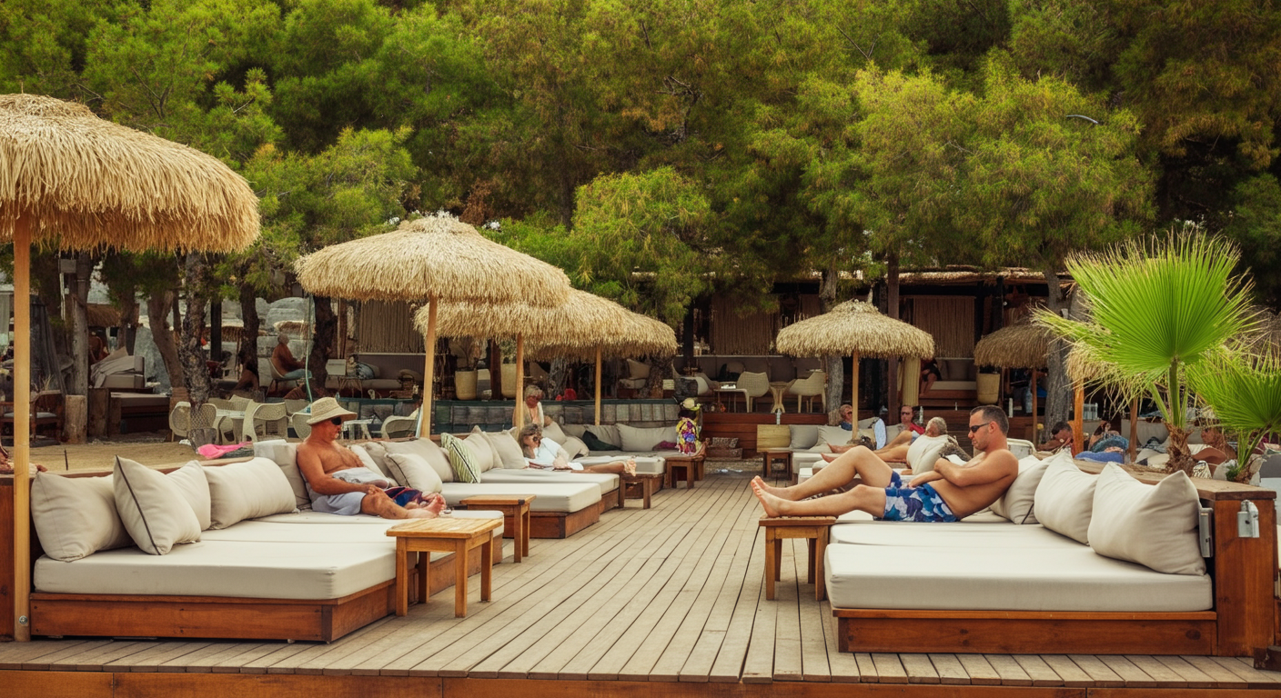 A stylish beach club area in Turkey with comfortable lounge seating and a wooden deck. People relaxing. Authentic Aegean summer vibe. Realistic.
