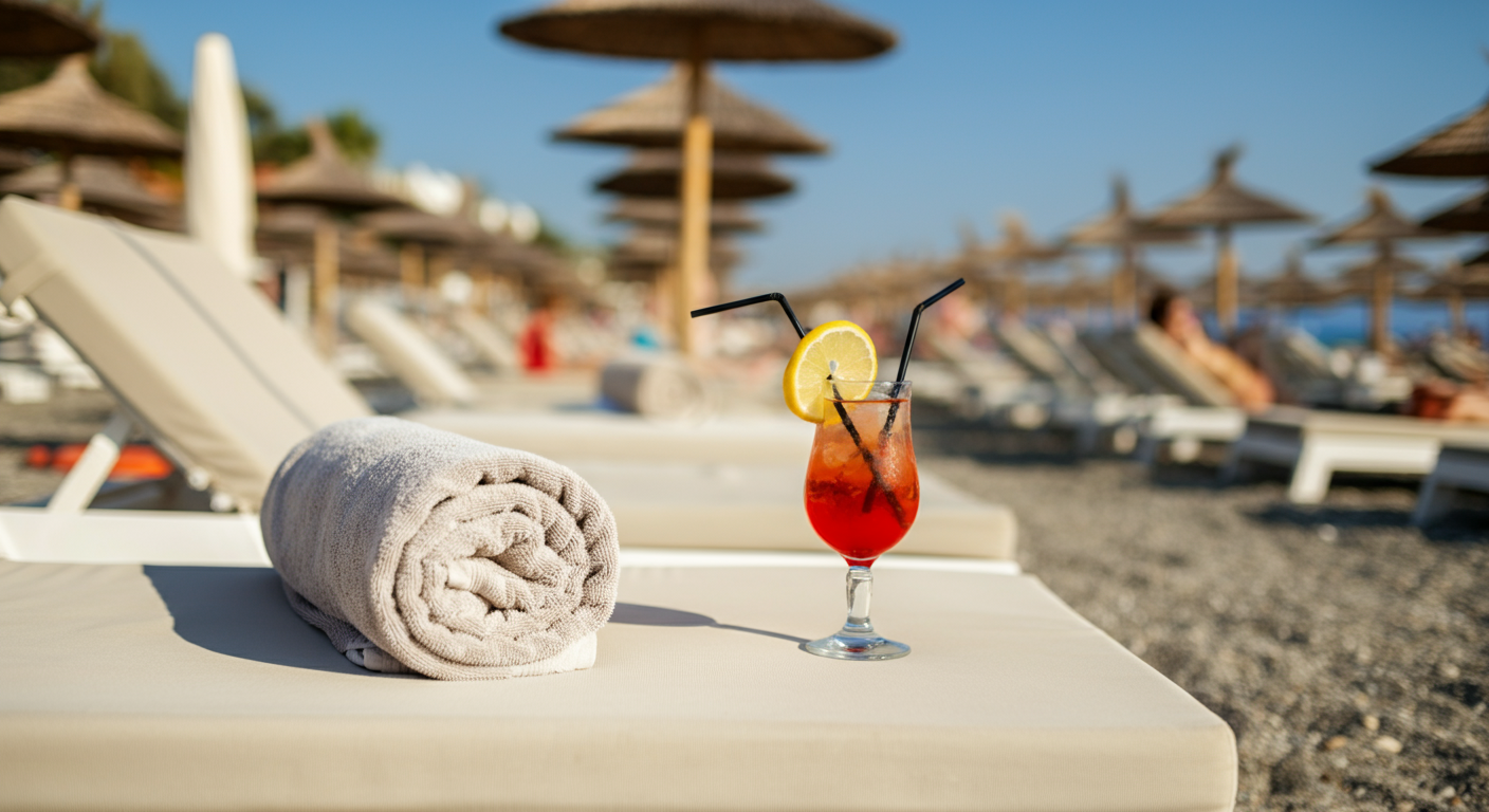 Close up detail of a sunbed on a Turkish beach with a rolled towel and a refreshing drink. Authentic relaxing holiday vibe. Focused and realistic.