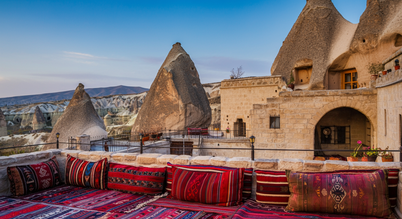 A charming cave hotel terrace in Cappadocia with Turkish carpets and cushions. View of the unique rock formations. Authentic and cozy atmosphere. Soft daylight.