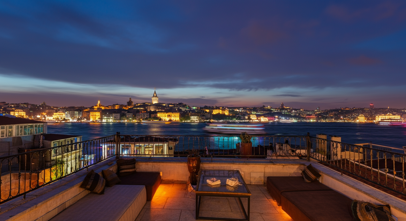 A romantic view in Istanbul overlooking the Bosphorus and Galata Tower at twilight. Warm evening city lights. Authentic atmosphere on a rooftop terrace. Realistic travel photo.