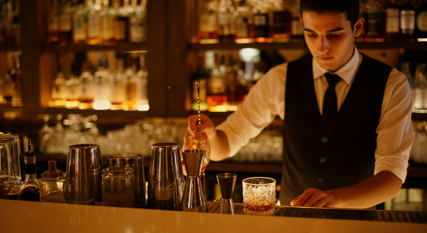 A bartender preparing drinks at a stylish hotel bar in Turkey. Fresh ingredients, glass of wine or cocktail on the counter. Relaxed holiday vibe. Authentic. Realistic.