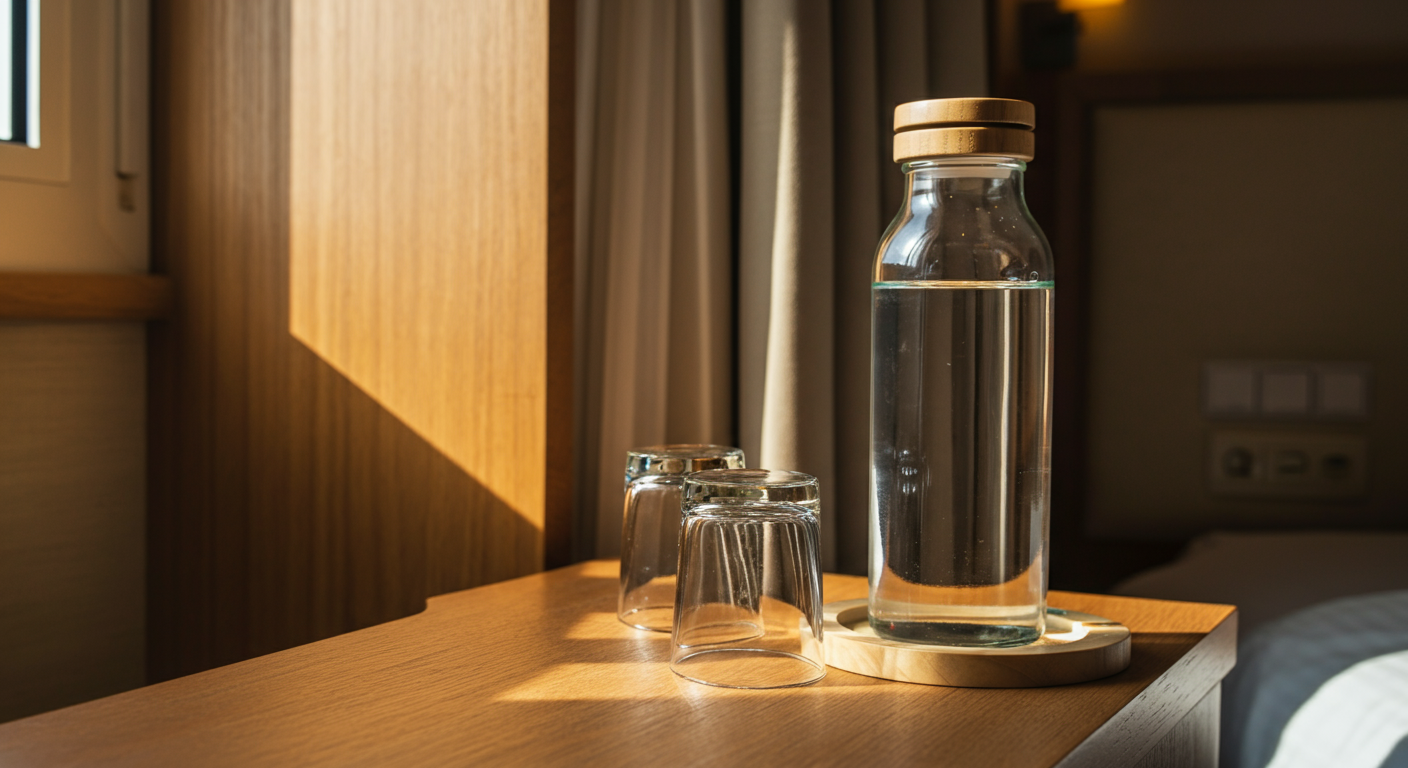 A glass water bottle and glasses on a wooden table in a hotel room, next to a refill station or jug. Sunlight. Concept of zero waste in travel. Authentic photography. Realistic.
