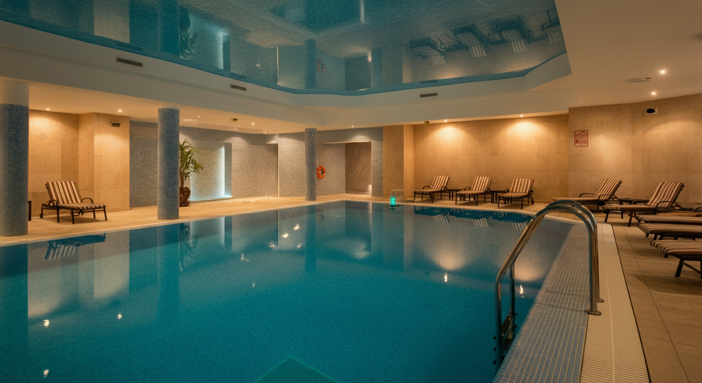 A calm indoor swimming pool at a Turkish hotel spa. Warm lighting, loungers by the water. Relaxing atmosphere. Authentic travel photography. Realistic.
