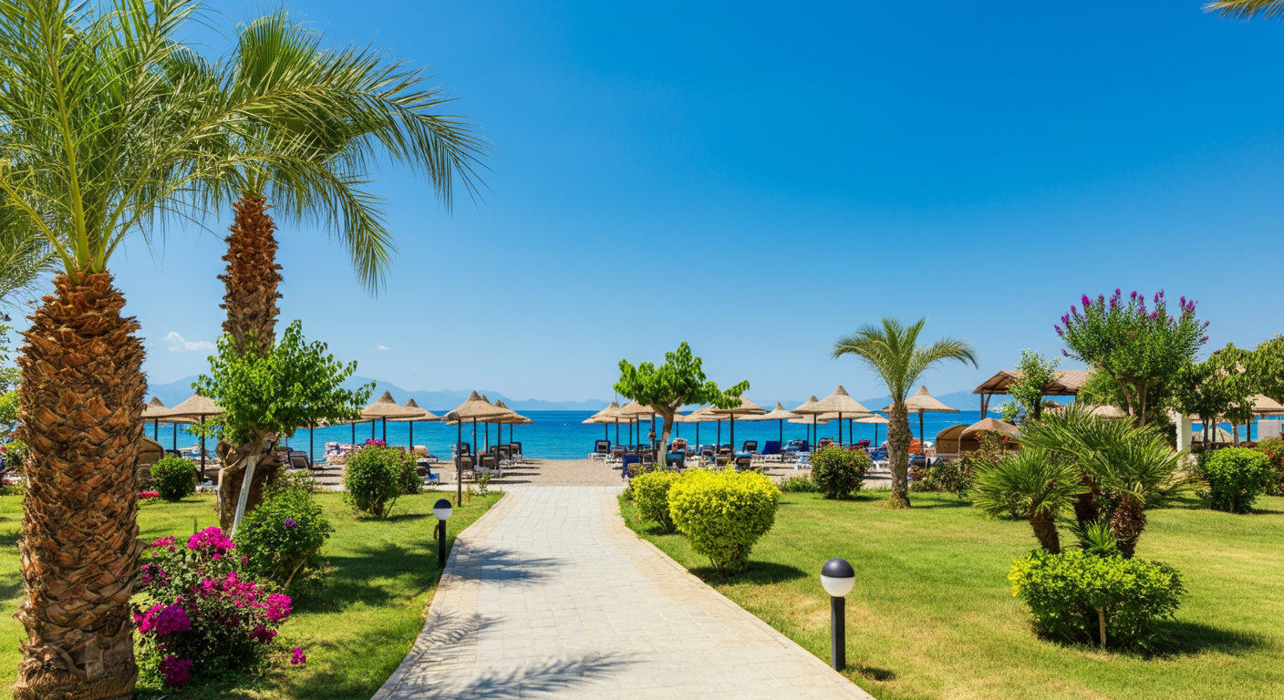 A scenic path leading from a hotel garden to the beach in Turkey. Palm trees, flowers, blue sea in background. Authentic travel photography. Sunny day.