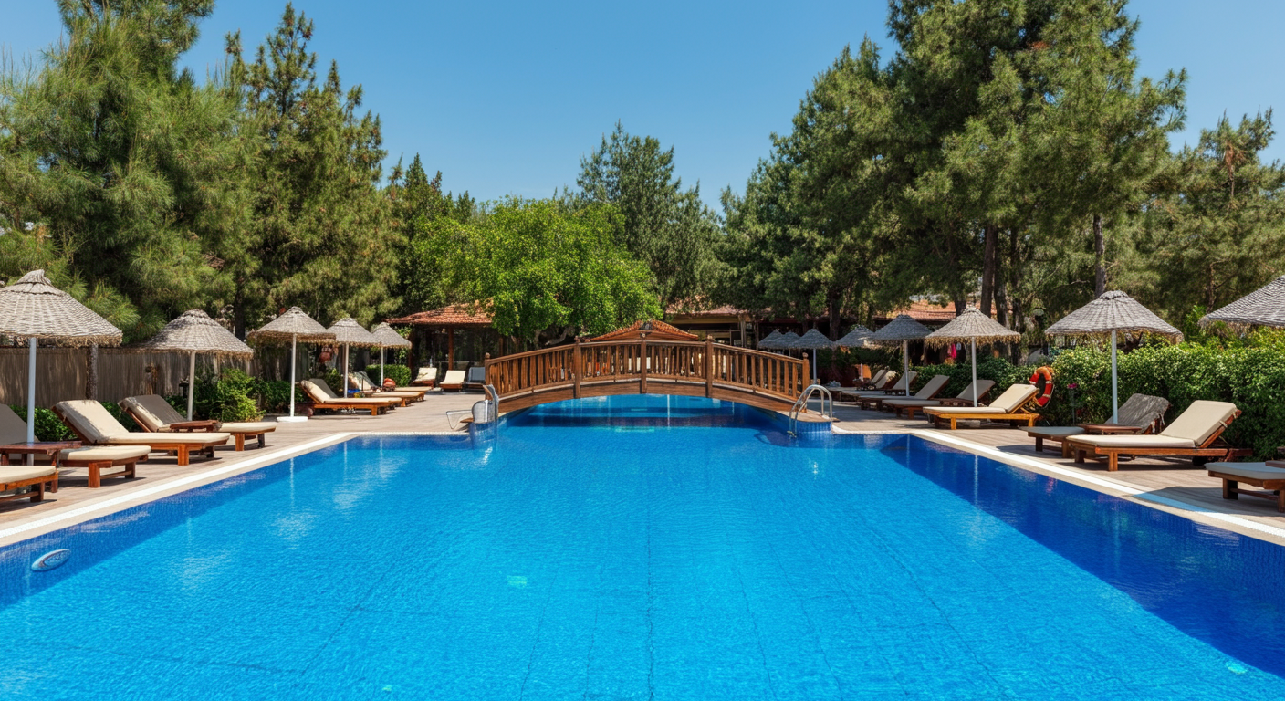 A relaxing hotel pool area in Turkey. Sunbeds, umbrellas, greenery. Calm atmosphere, not crowded. Authentic travel photography. Realistic bright day.