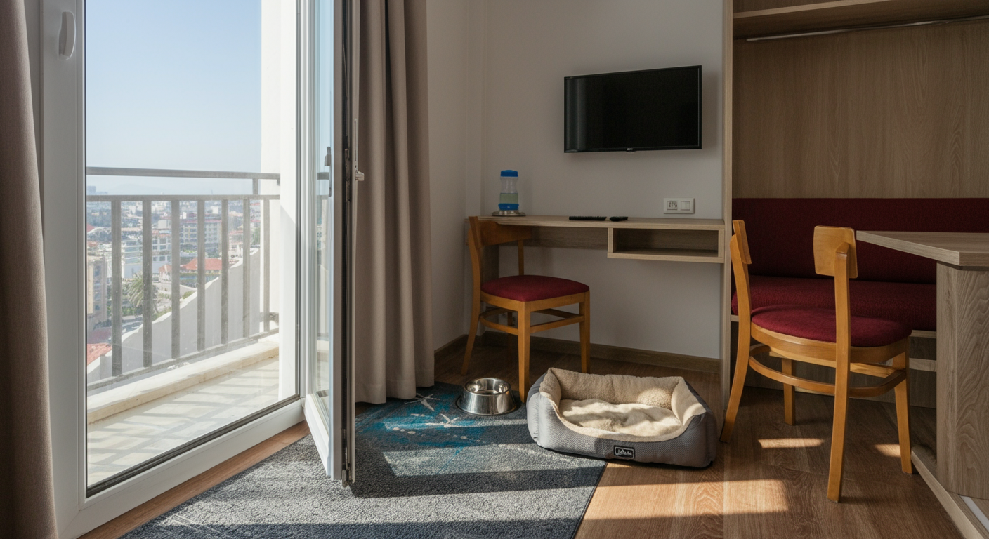 A pet-friendly hotel room setup in Turkey with a dog bed and water bowl on the floor near a balcony door. Clean, sunny room. No people. Authentic interior photography. Realistic.