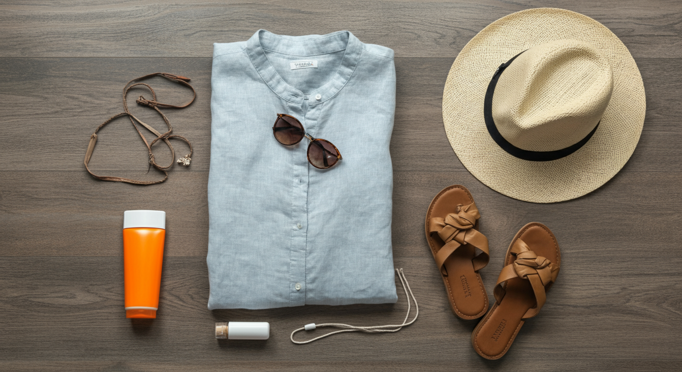 Flat lay of packing for Turkey in June. Light linen shirt, sunglasses, sunscreen, sandals, and a summer hat. Breezy and minimal. Authentic travel styling.
