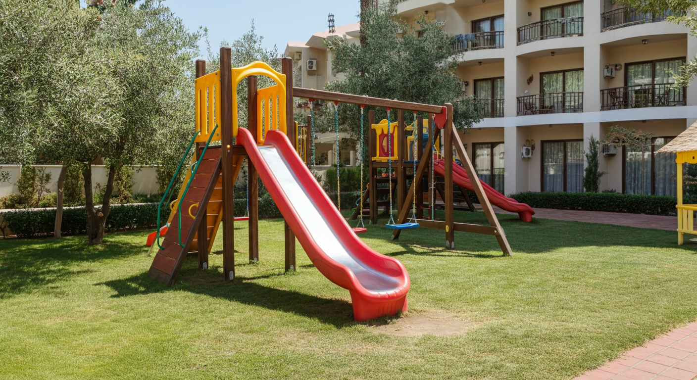 An outdoor play area at a hotel kids club in Turkey. Colorful slides or swings on grass. Safe and shaded. Authentic travel photography. Realistic.