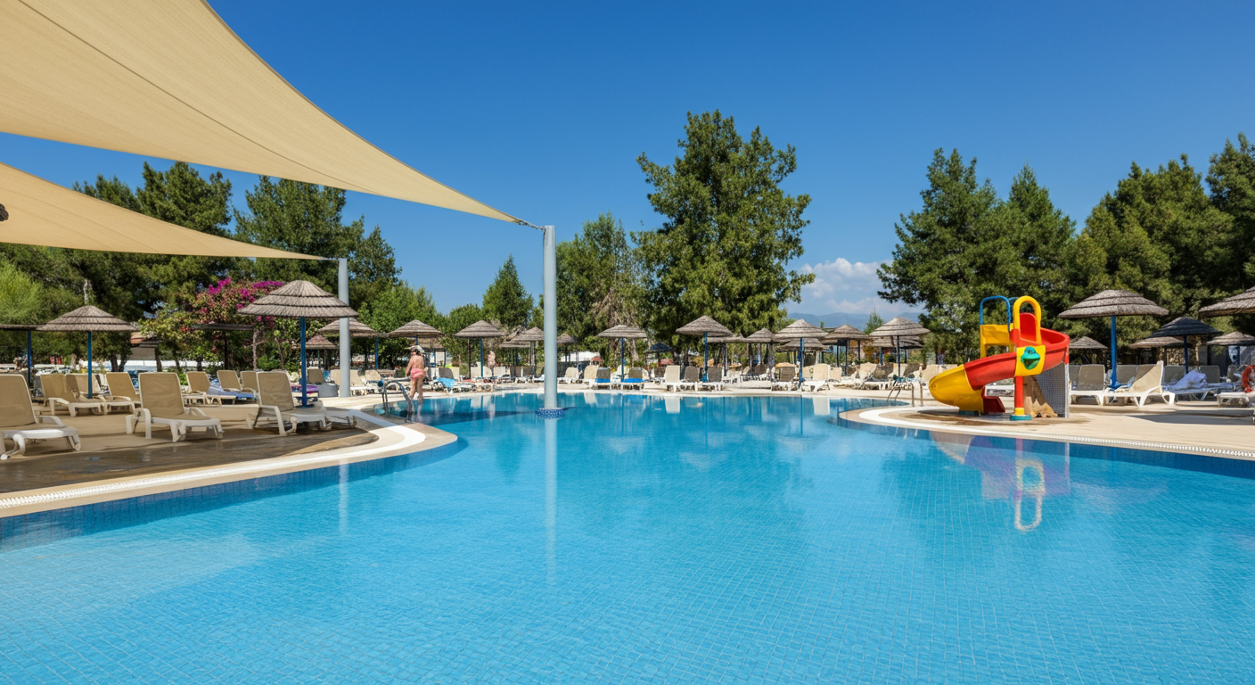 A shallow swimming pool for children at a Turkish resort with plenty of shade. Safe and fun environment. Authentic holiday vibe. Realistic.