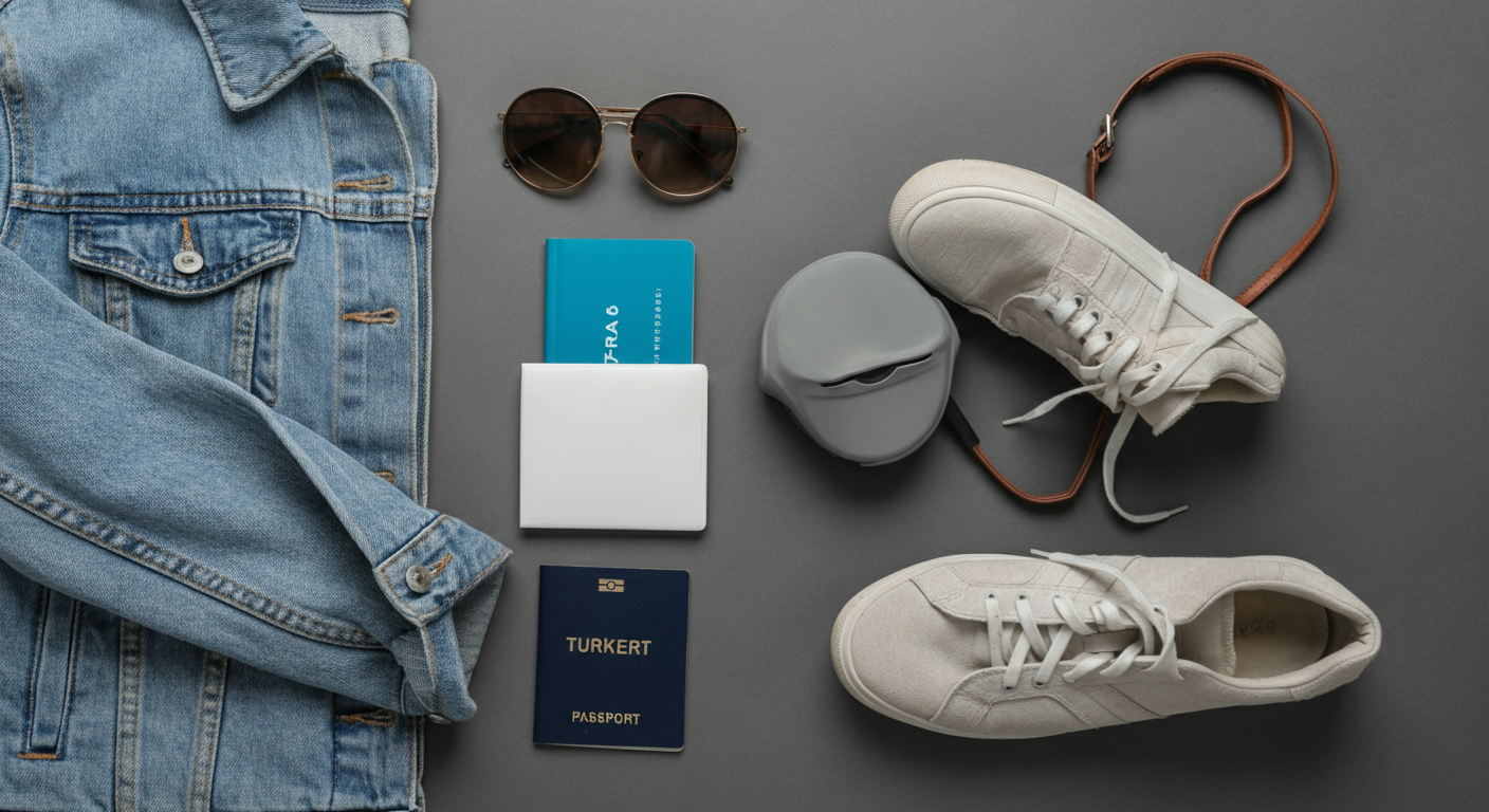 Flat lay of packing for Turkey in May. Sunglasses, a light denim jacket, comfortable trainers, and a passport. stylish and practical. Authentic travel prep.
