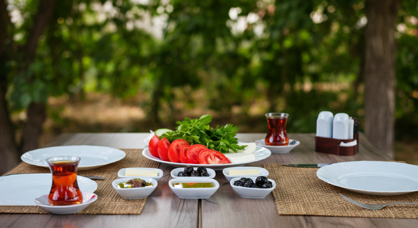 A fresh, organic Turkish breakfast spread on a table outdoors. Farm-to-table concept. Fresh tomatoes, olives, cheese, herbs. Natural light. Authentic food photography. Realistic.