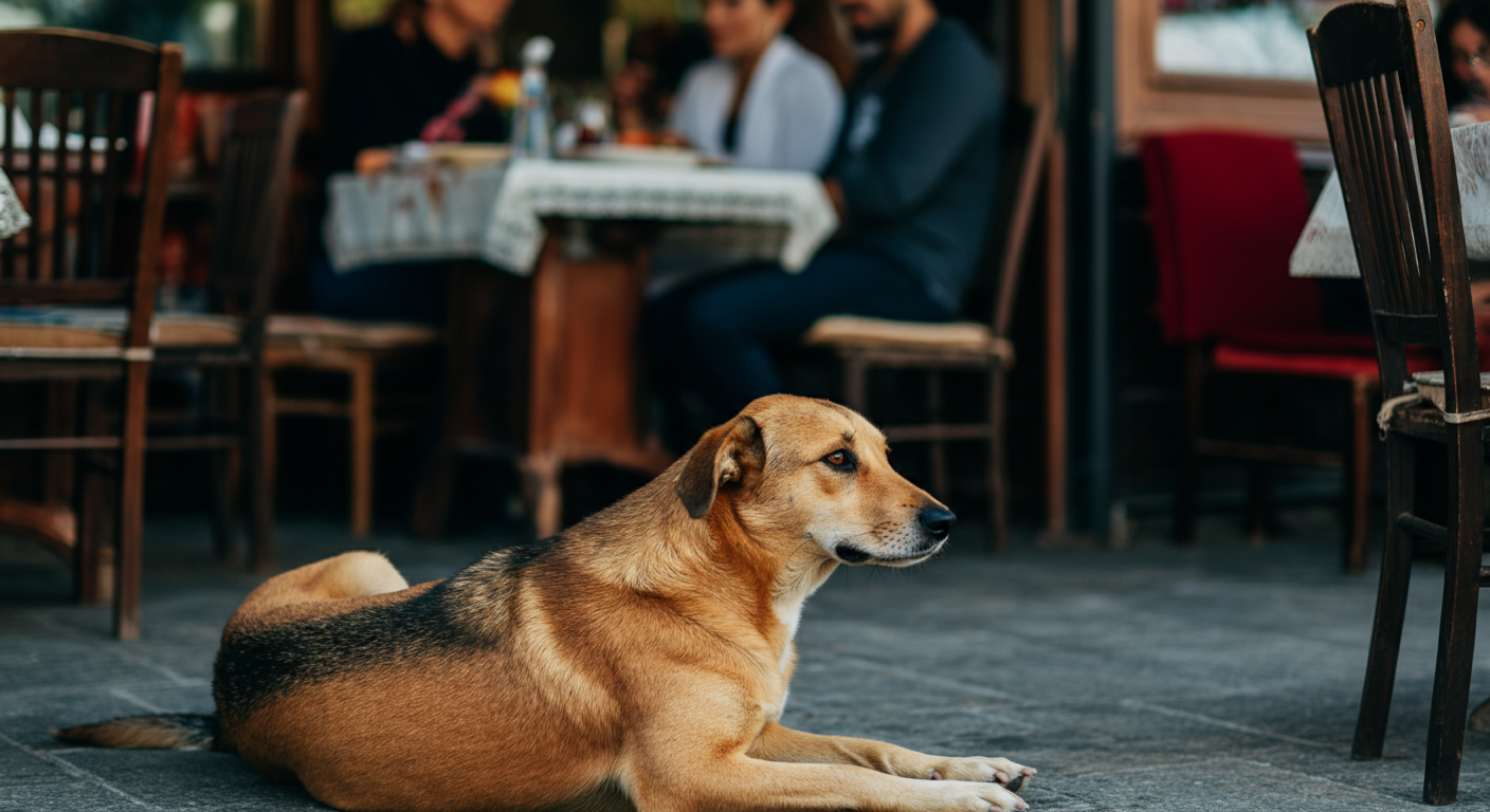 A dog sitting quietly under an outdoor cafe table at a Turkish hotel or restaurant. People enjoying breakfast nearby. Relaxed atmosphere. Authentic travel photography. Realistic.