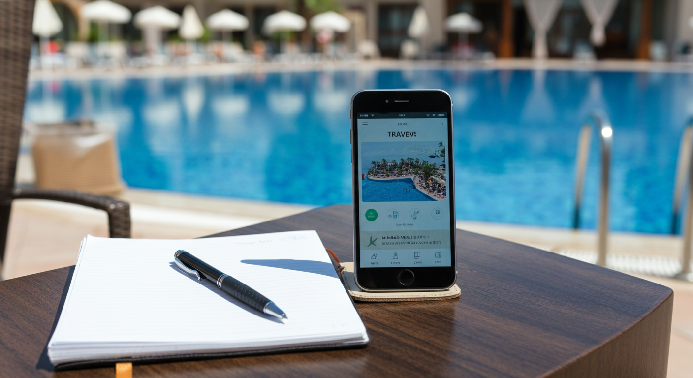 A notebook and pen on a table by a hotel pool in Turkey, with a phone showing a travel app. Sunlight. Authentic holiday planning vibe. Realistic.