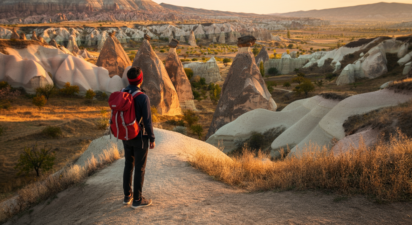 A solo hiker looking at the fairy chimneys in Cappadocia Valleys. Golden hour light. Peaceful and scenic nature. Authentic adventure travel photo. Realistic.
