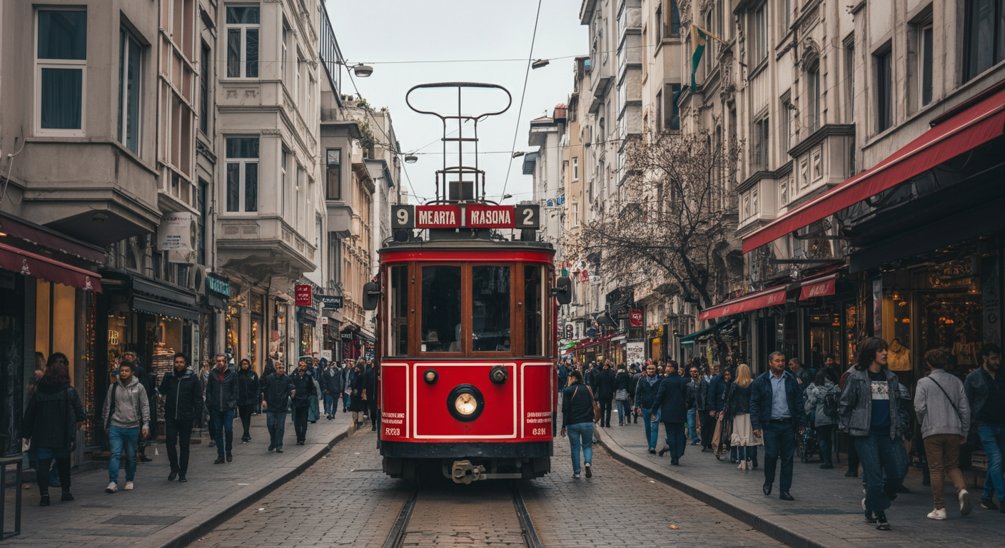 Istiklal Street in Beyoglu, Istanbul. Historic red tram, people walking, shops and cafes. Lively, safe, and busy atmosphere. Authentic street photography. Realistic.