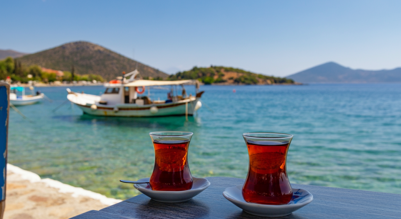 A relaxing tea break at a cafe in Kas harbour. View of fishing boats and Greek island Meis in distance. Calm, safe, authentic Turkish coastal vibe. Realistic.