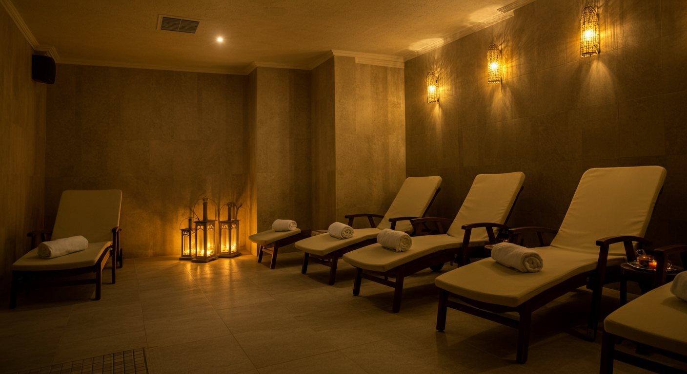 A quiet relaxation area in a hotel spa in Turkey. Comfortable loungers, soft light, tea service. Peaceful atmosphere. Authentic travel photography. Realistic.
