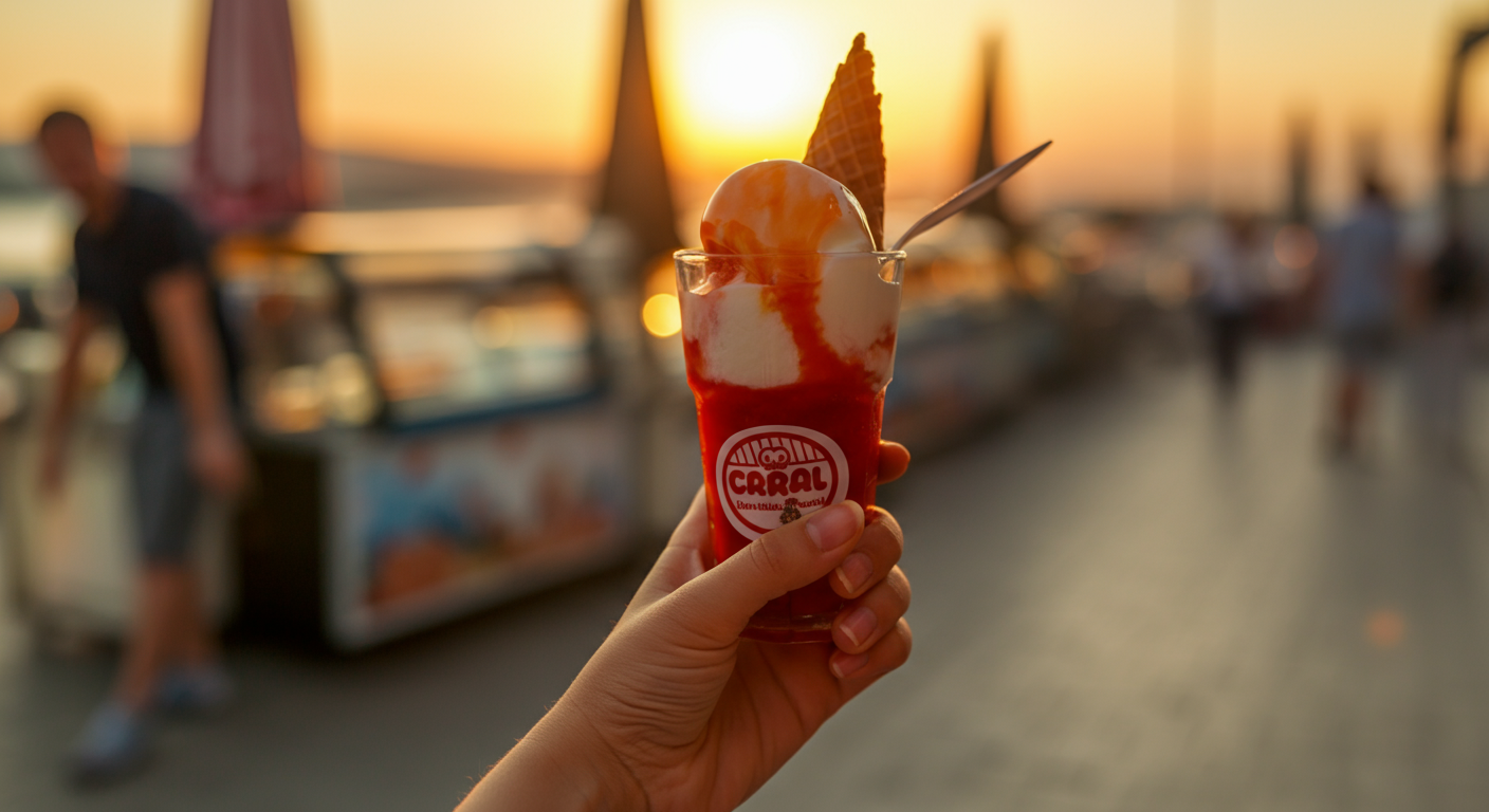 Close up of someone holding a traditional Turkish ice cream (Maraş dondurma) or a cold refreshing fruit drink. Summer sunset background. Happy, refreshing vibe. Authentic street food photo.