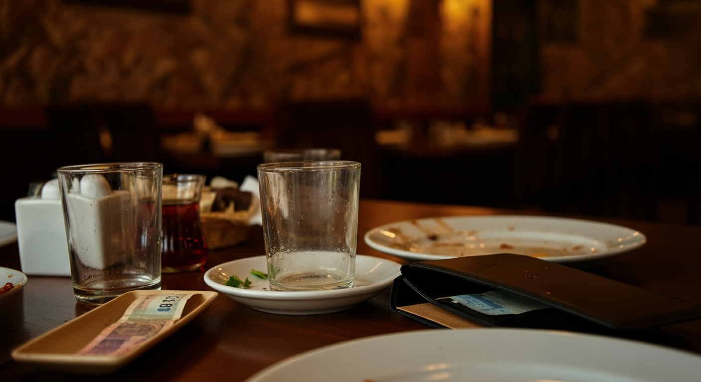 A relaxed Turkish restaurant table setting after a meal. Empty tea glasses, a bill folder with some cash visible. Warm, inviting atmosphere. Authentic dining experience. No posed people.