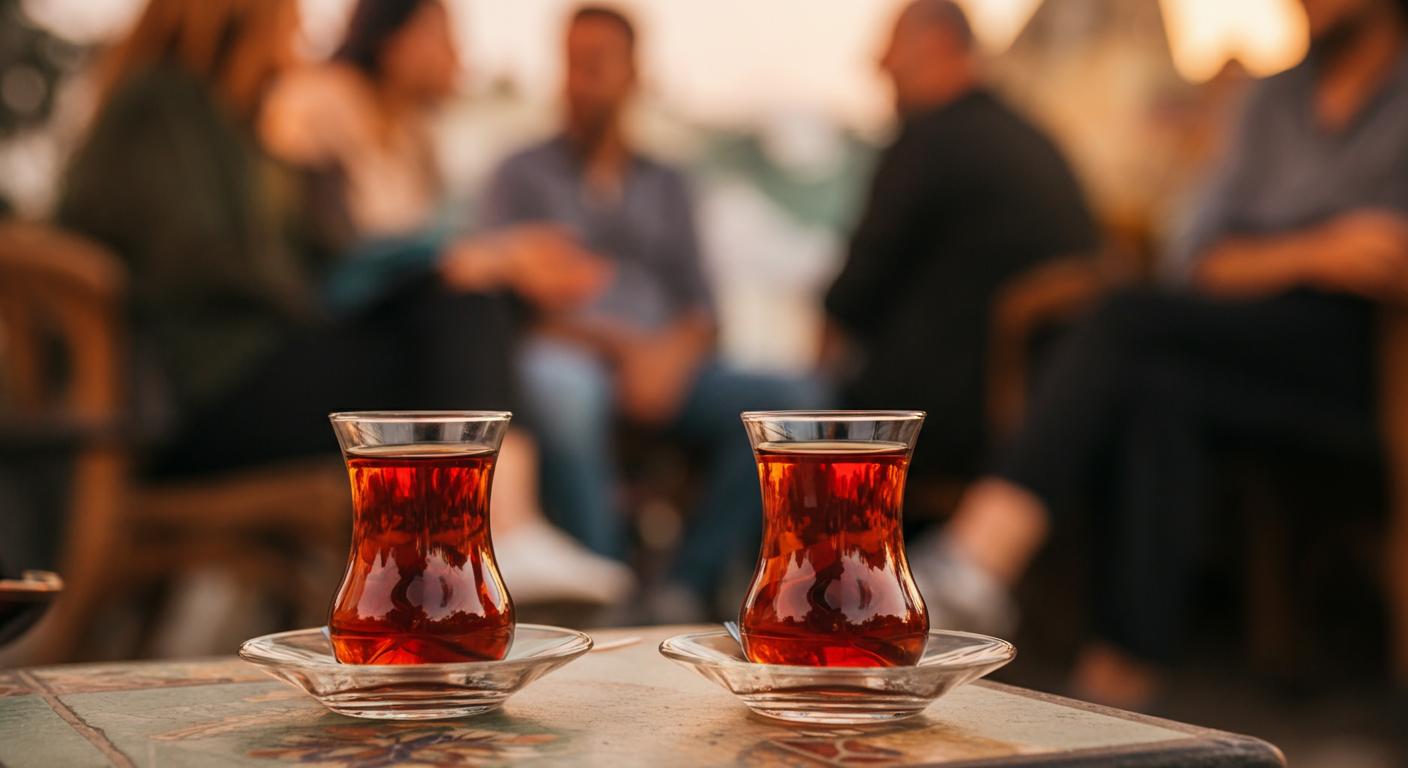 Two traditional tulip-shaped Turkish tea glasses on a small table. Blurred background of people chatting. Symbol of hospitality and conversation. Authentic detail shot.