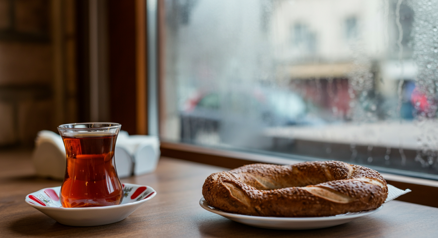 Close up of Turkish tea in a glass and a simit on a cafe table. Warm, cozy indoor atmosphere. Rainy or overcast window in background (optional). Authentic Turkish food culture.