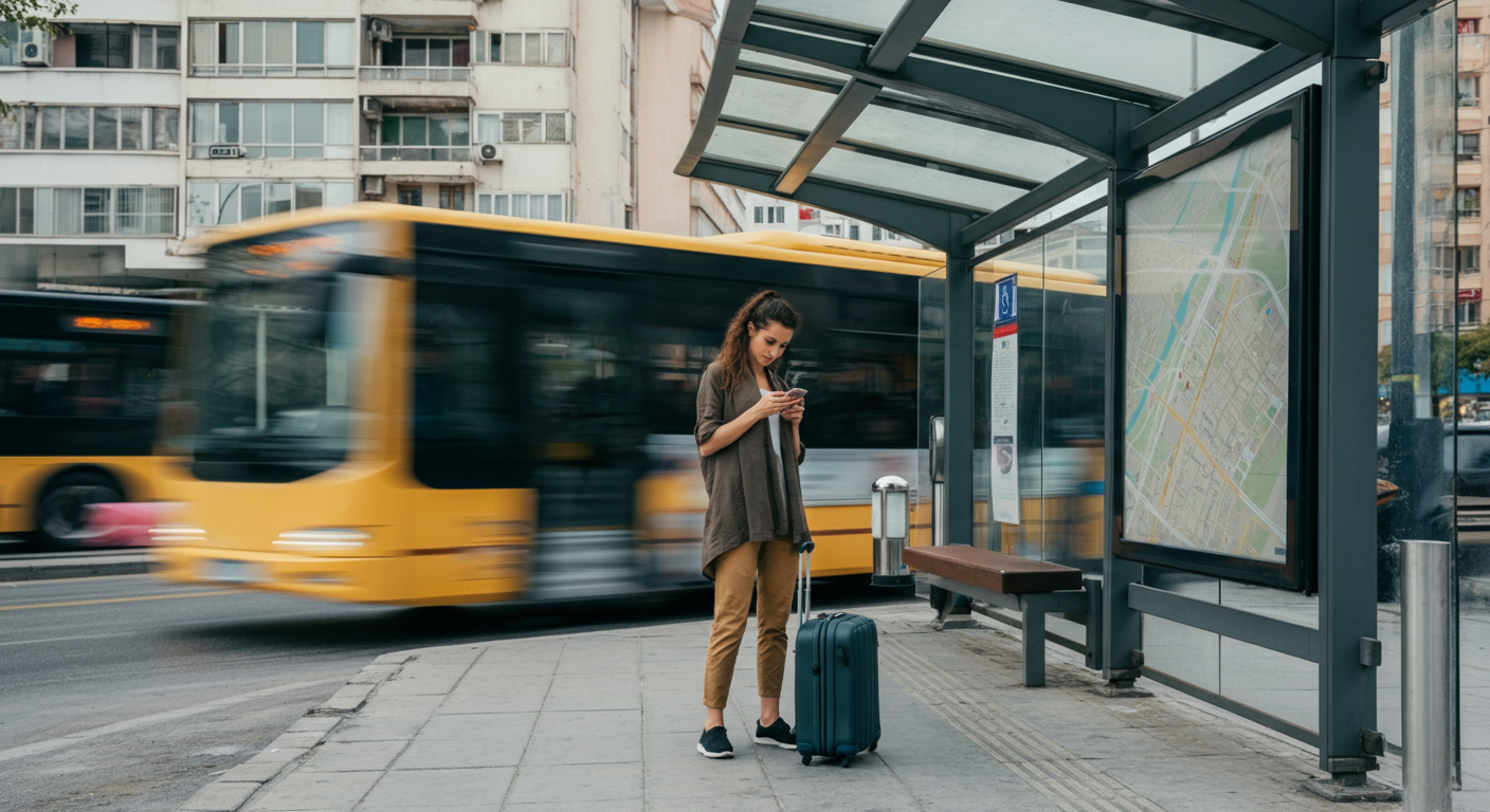 A tourist checking their phone/map at a modern bus stop in a Turkish city. Bus approaching in the background. Glass shelter, city street context. Authentic everyday travel moment.